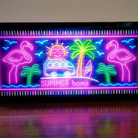 フラミンゴ ヤシの木 サマーホーム 看板 置物★LED2wayライトBOX