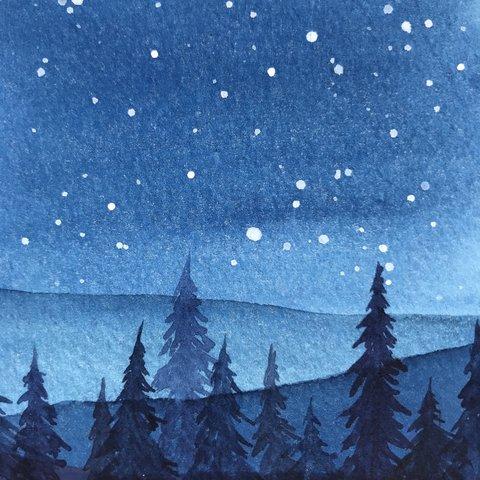 雪、林、月のポストカード[セット][水彩][原画][イラスト]
