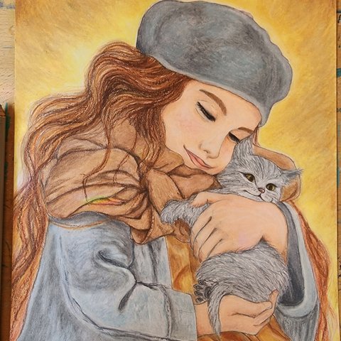 パステル画　少女と子猫　人物画