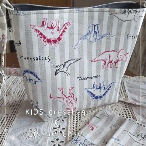 for KIDS☆*°恐竜柄 オフホワイト＆チャコールグレー(内布) crossバッグ＆ティッシュケース☆*°お得2点セット