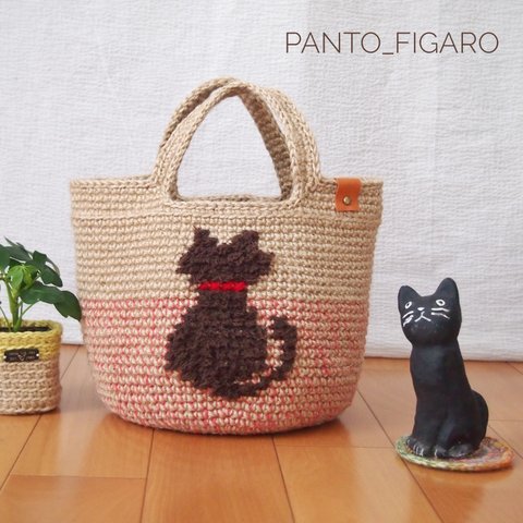 【モコねこ:レッド】ねこのシルエットがかわいい  麻ひもバッグ