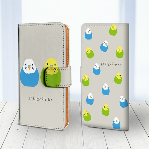 Android / iPhone 対応 フラップあり手帳型ケース ★インコ 青・緑 ミックス 