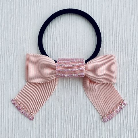 刺繍ヘアゴム [ pink・silver beads ]