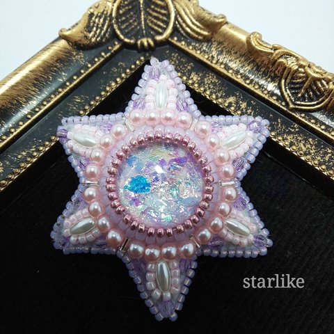 ビーズ刺繍 ブローチ 星 紫