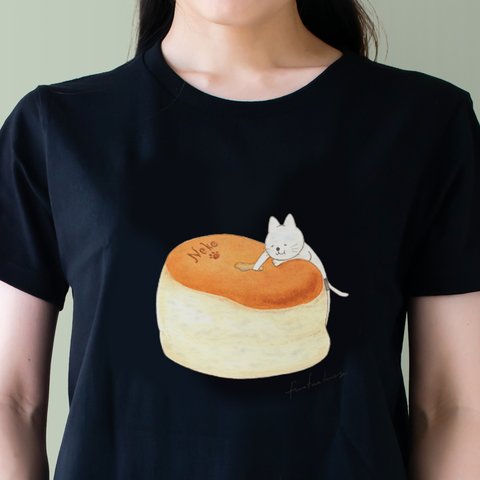 【Mサイズ】スフレチーズケーキとネコぱんのTシャツ 黒 レディース【短期発送】