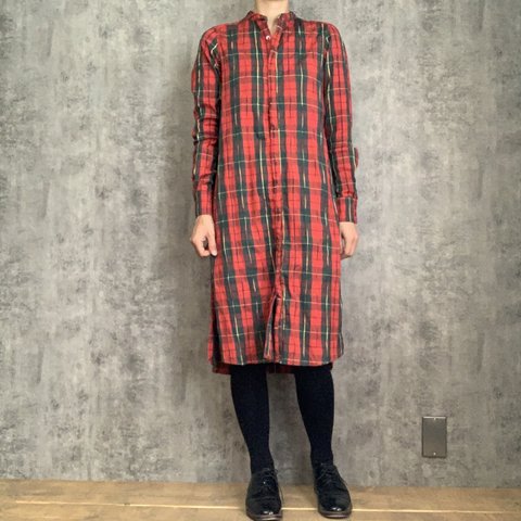 Sale 赤チェックのシャツワンピース　Checked shirt dress