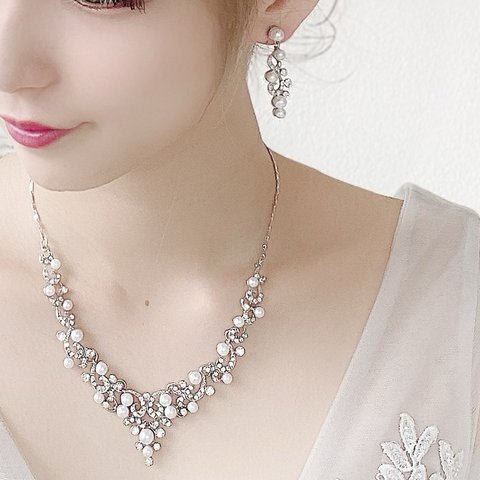 ◇ネックレス＆ピアスorイヤリング◇ウェディング　アクセサリー　セット　パール　ブライダル　アンティーク　シルバー　9