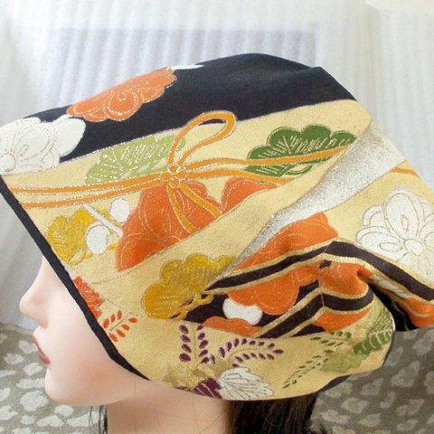  難有難隠し 帽子 30*64㌢ 裾模様から キャップ 室内帽子 シルク 着物リメイ ケア帽子 白髪隠し 軽い帽子 入院帽子 三角巾 日本土産 着物 ターバン Hand-made Kimono Cap