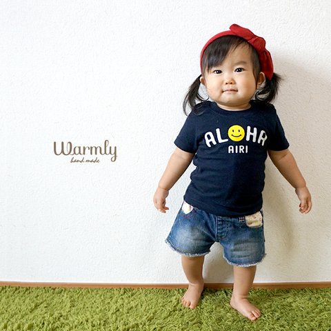 再販2＊名前入り★ALOHA Tシャツ〔ネイビー〕／出産祝い／子供から大人　お揃い