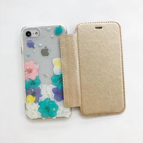  押し花 選べる5色 手帳型スマホケース iPhone14Pro/13Pro/12Pro/SE/11Pro/XR/XS/8/7