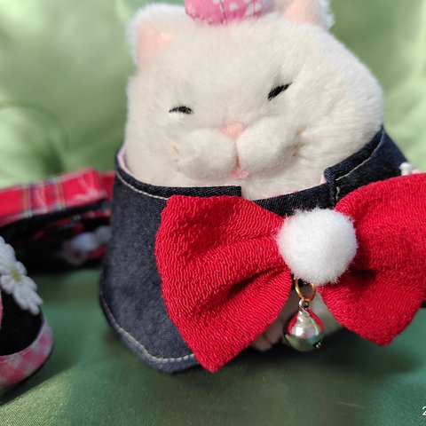 愛猫ちゃんデニムの首輪(赤いリボン🎀丸襟)