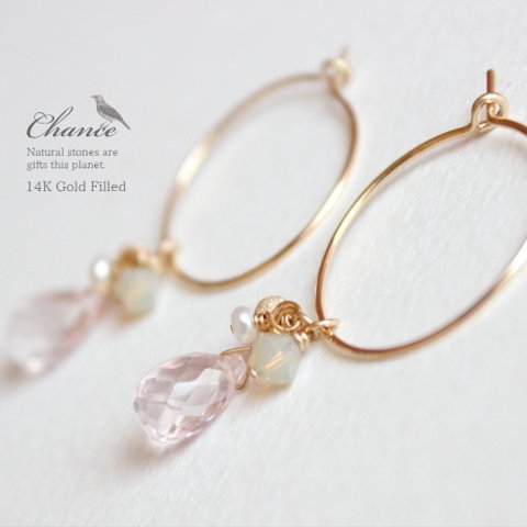 Chance 14KGF pierced earrings Rose quartz/フープピアス・ローズクォーツ