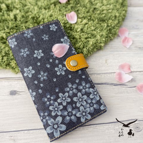 全機種対応 スマホケース 手帳型 【Seasons Design 桜 -本革仕込み-】 岡山 デニム 桜 本革 レザー iPhone Xperia Galaxy AC04K