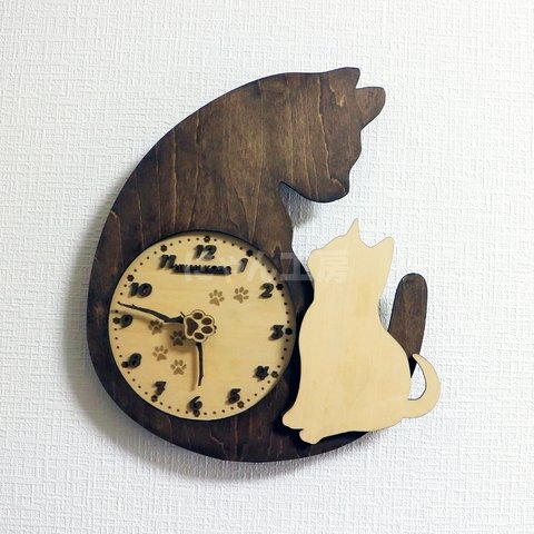 【受注制作】アンティーク調 天然木 親子にゃんこウォールクロック 猫の壁掛時計 卓上時計