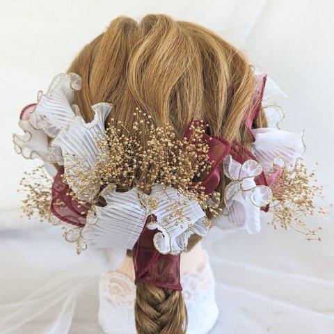 ダブルリボン×かすみ草　ウェディング　カラードレス　ヘアアクセサリー　ヘッドドレス　白無垢　成人式　卒業式　振袖　袴　髪飾り