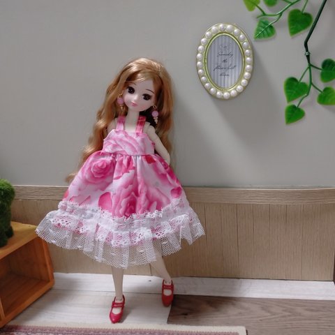 2点セット 薔薇 ローズ フリル キャミワンピース ドレス ピアス リカちゃん 服