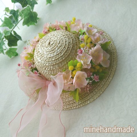 【sold-out】23cm　麦わら帽子リース☆サクラリース☆春の花かんむり☆スプリングリース