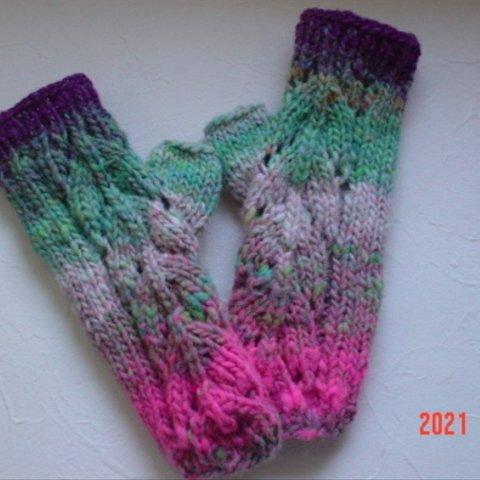 ☆彡野呂英作さんの段染め毛糸で、透かし模様Fingerless Mittens（親指付き）