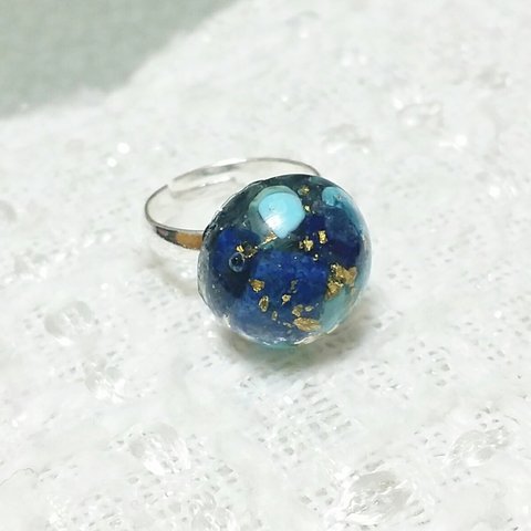 【再販】ラピスラズリとターコイズと水晶と金箔のリング