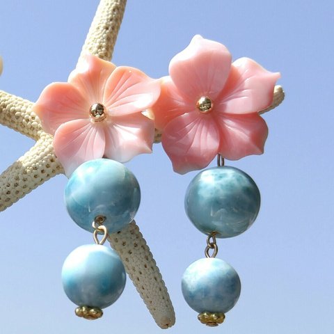 Sold out!! ◇l 様オーダー◇♡海辺の花♡オリジナル-ハイクオリティ丸玉ラリマー&クィーンコンクシェルのイヤリング-