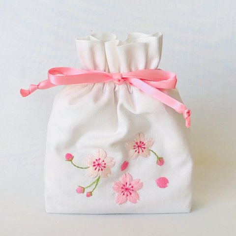  刺繍 桜の花 巾着 ミニ ポーチ 