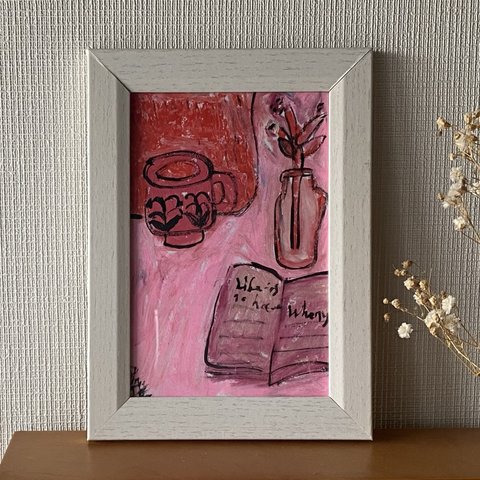 絵画。原画【ピンクの世界の花、本とコーヒー】