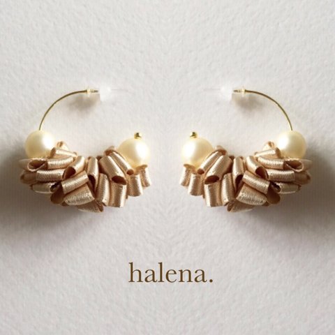 再々販  【halena.】 リボンパールフープピアス シャンパンゴールド    /  パール リボン セレモニー 入学式 結婚式 プレゼント