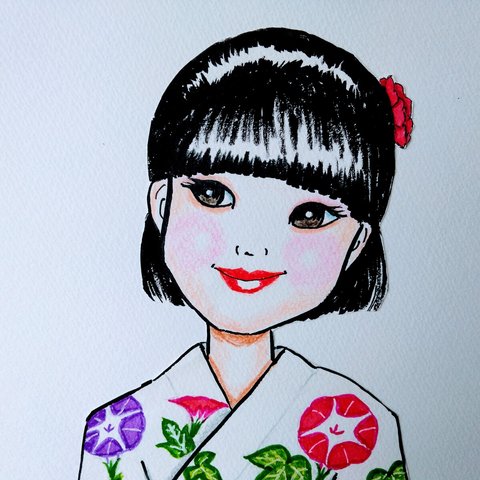 浴衣少女のイラスト色紙　Japanese girl illustration