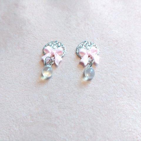 【春】人気Ｎｏ．3 ピンクリボンとパール ゆれる ピアス＆イヤリング #樹脂ピアス #樹脂ノンホールピアス #ステンレスピアス