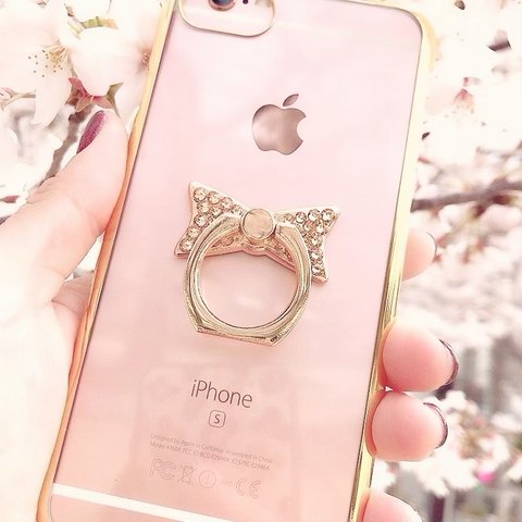 スマホリング　高級スワロフスキー　バンカーリング　金色　ゴールド　ピンク　リボン　セレブ　ジュエリー　宝石　