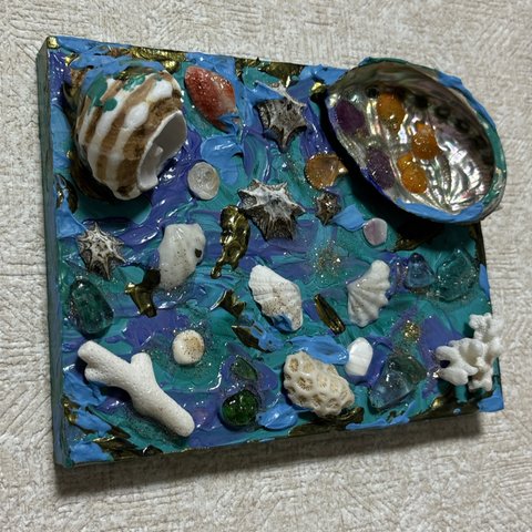 【Ryugujo】海物語　テクスチャーアート　海　青　アクリル画　抽象画　現代アート　アールブリュット　インテリア　立体　貝殻　シーグラス　サンゴ　ラメ　ミクストメディア