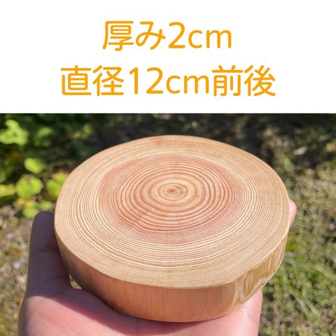 【割れ防止加工】皮無しヒノキの輪切り　直径12ｃｍ前後　厚み2ｃｍ【テスト販売】