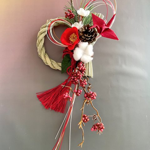 手作りキット＊早割お正月飾り＊赤椿と祝い鶴ので祝うしめ縄しめ飾り