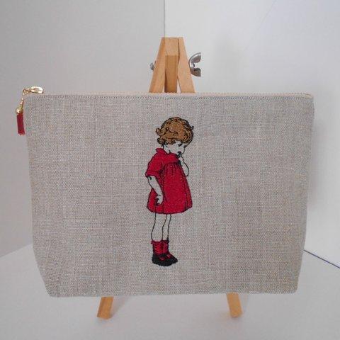 リネンの 可愛いフランスの女の子刺繍の帆布のポーチレッド ２０㎝