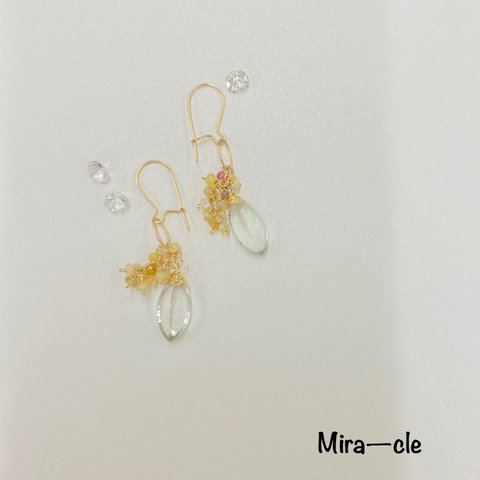 14kgf★天然石【グリーンアメジスト×オパール】ピアス ～Mira-cle～