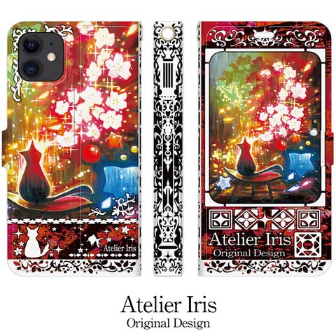 【花見の桜猫】猫 油絵 iPhone 手帳型 スマホケース 携帯ケース 送料無料 赤テクスチャー