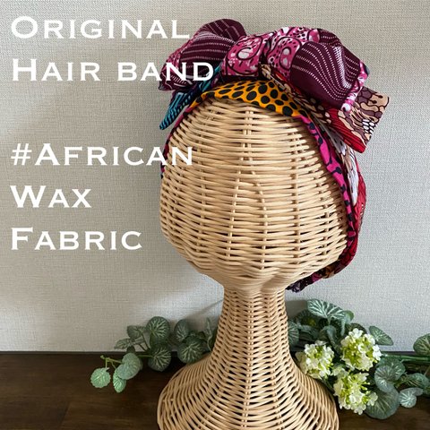 アフリカンプリントで作ったオリジナルヘアバンド☆シンプル:ピンクフラワー&水色