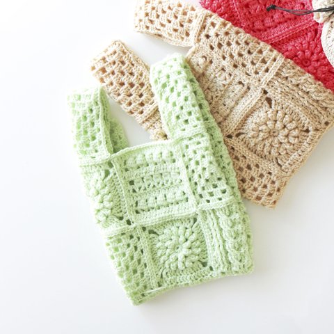 [雑誌掲載]4種モチーフのクロシェバッグ Crochet bag Crochet motif×Light green/ クロシェ