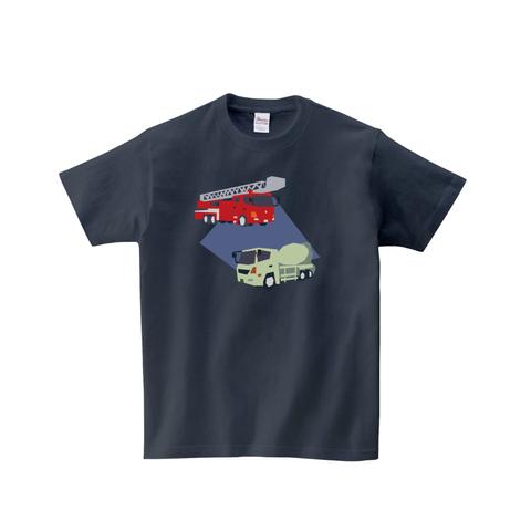 乗り物Tシャツ-消防車とミキサー車（アーミーグリーン）