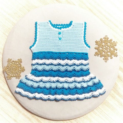 春夏秋かわいい手編みのフリフリニット♡空海♡サイズ80・90・95♡シアン×ブルー×ホワイト