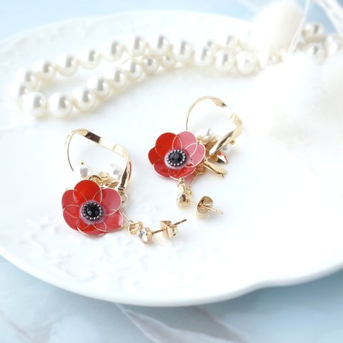 「風の花」アネモネ(レッド)　ピアス&イヤリング