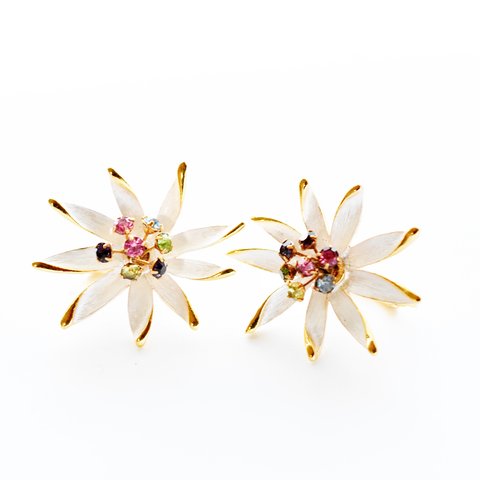 Vintage Park Lane 1950's white flower multicolor　rhinestone earrings