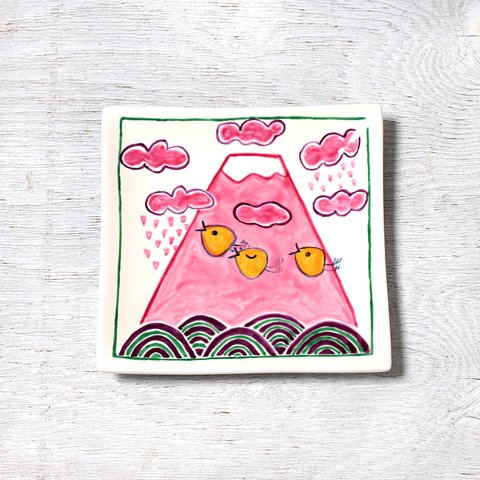 ポップな富士山と波千鳥（秋)の四角皿