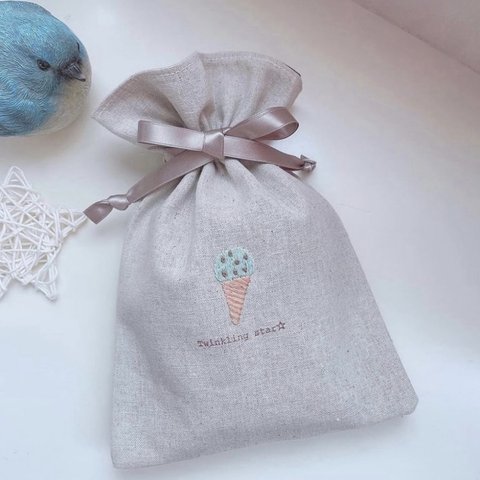 再販♡アイスクリーム刺繍♡巾着(チョコミント)