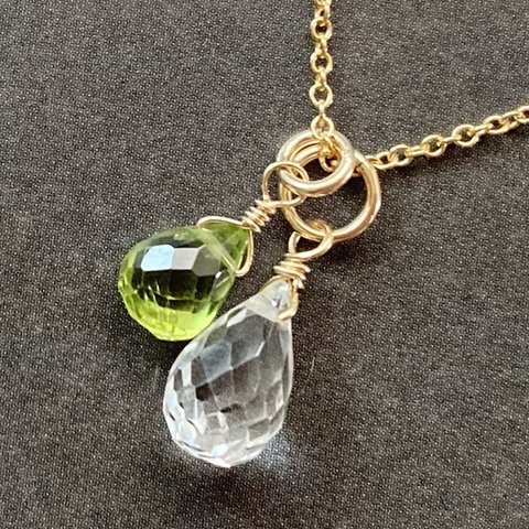 💎14kgf💎宝石質クリスタルクォーツ、宝石質ペリドットの2wayネックレス