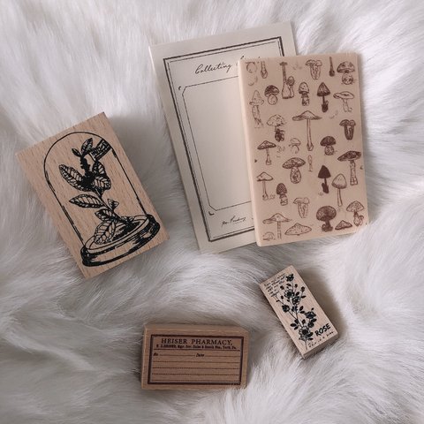 【セール】木製ゴム印 4個 セットアンティーク スタンプ  手帳用 