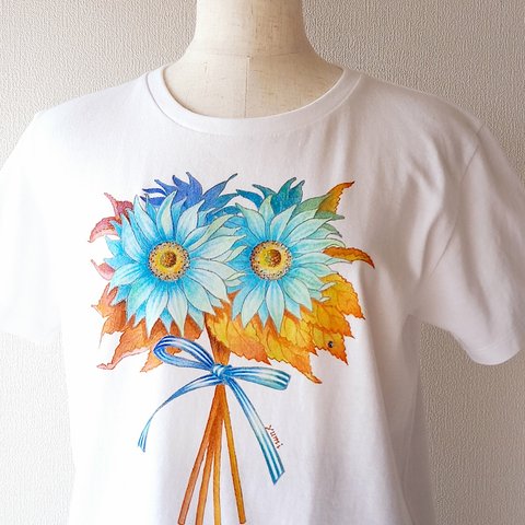 手描き　青いヒマワリTシャツ