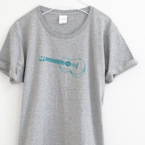 ウクレレ (しかも左利き仕様）のTシャツ【ヘザーグレ－】 ユニセックス 半袖クルーネックTシャツ