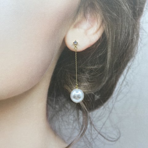 12mm パール ゴールド ジルコニア ピアス #87　大ぶり　大ぶりパール　揺れる　結婚式　花嫁　入学式　卒業式　パーティー　プレゼント　2連パール　3連パール　高級　女子会