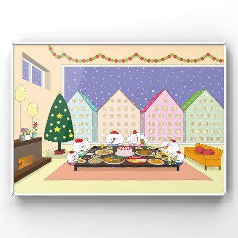 クリスマスパーティーをする猫達(A4サイズ)猫　絵　イラスト　絵画　可愛い　額入り　インテリア　飾る　雑貨　面白い